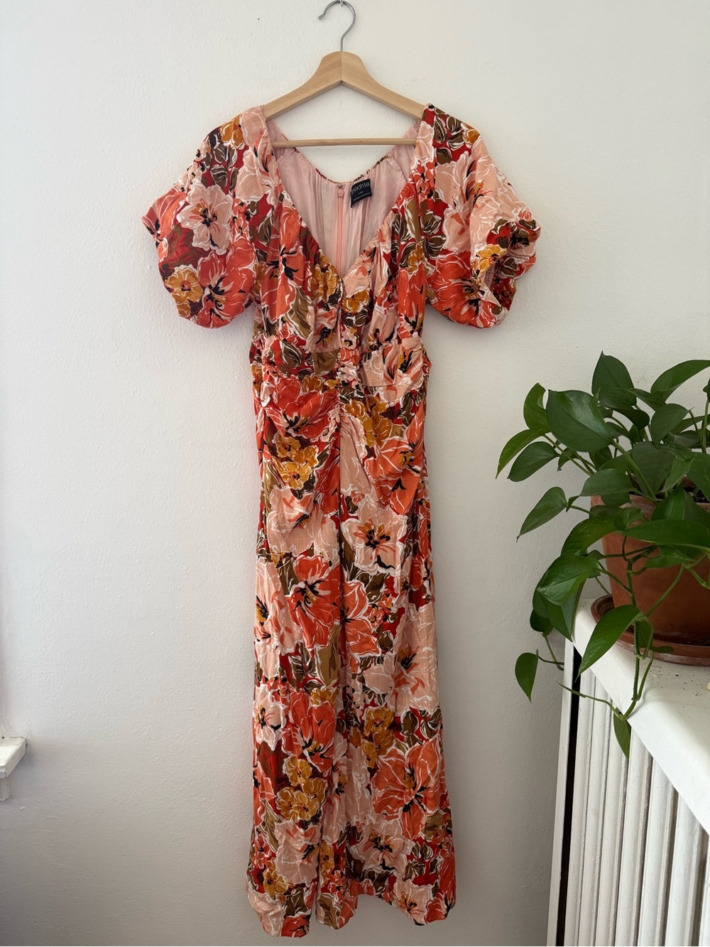 MINKPINK Floral Puff-Sleeve V-Neck Jumpsuit in Coral and Blush